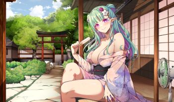 1girl architecture blue_sky blunt_bangs blush breasts bush cleavage closed_mouth cloud colored_inner_hair commentary coucourua_creil day ear_piercing east_asian_architecture electric_fan flower food garden green_hair hair_flower hair_ornament highres japanese_clothes kimono large_breasts leaf long_hair multicolored_hair origami_aya outdoors piercing pointy_ears popsicle purple_eyes purple_hair purple_kimono re:act shouji sitting sky sliding_doors smile solo thighs torii tree two-tone_hair veranda virtual_youtuber wide_sleeves