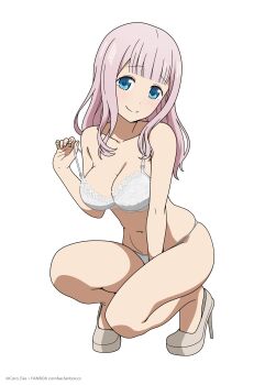 1girl artist_name blue_eyes blush bra bra_pull breasts cleavage closed_mouth clothes_pull coro_fae english_text fujiwara_chika full_body grey_hair high_heels highres kaguya-sama_wa_kokurasetai_~tensai-tachi_no_renai_zunousen~ large_breasts long_hair looking_at_viewer navel paid_reward_available panties pulling_own_clothes simple_background smile solo squatting stomach strap_pull teasing thighs underwear white_background white_bra white_panties