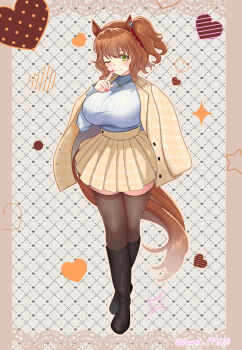 1girl absurdres alternate_costume animal_ears aston_machan_(umamusume) black_boots black_thighhighs blush boots breasts brown_hair closed_mouth commentary_request fingernails full_body heart highres horse_ears horse_girl horse_tail index_finger_raised jacket jacket_on_shoulders jewelry knee_boots large_breasts laurel_1996 looking_at_viewer medium_hair nail_polish necklace one_eye_closed one_side_up patterned_background pleated_skirt red_nails skirt smile solo standing sweater tail thighhighs thighs turtleneck turtleneck_sweater umamusume white_sweater yellow_jacket yellow_skirt zettai_ryouiki