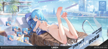 1girl ass azur_lane barefoot bikini blue_eyes blue_hair blush breasts commentary day english_commentary expression_chart eyes_visible_through_hair feet feet_up hair_over_one_eye highres janus_(azur_lane) janus_(shimmering_splashes_above_the_clouds)_(azur_lane) long_hair looking_at_viewer lying official_alternate_costume official_art on_stomach outdoors poolside promotional_art sideboob small_breasts solo swimsuit the_pose toes untied_bikini_top water white_bikini