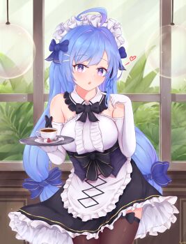 1girl absurdres ahoge alternate_costume alternate_hairstyle apron azur_lane blue_bow blue_hair bow center_frills commentary cup disposable_coffee_cup disposable_cup dress elbow_gloves english_commentary enmaided frills gloves hair_bow hair_intakes heart helena_(azur_lane) highres holding holding_tray indoors kyl490 leaning_forward long_hair looking_at_viewer low_twintails maid plant purple_eyes ribbon_legwear sleeveless sleeveless_dress solo spoken_heart spoon standing sugar_cube swept_bangs tea teacup thighhighs tray twintails waist_apron window