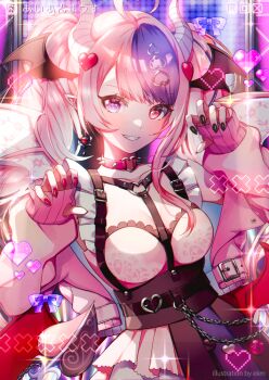 1girl ahoge black_nails chain claw_pose commentary dress ekm hair_ornament head_wings heart heart_hair_ornament heart_o-ring horns ironmouse long_hair looking_at_viewer multicolored_hair o-ring pink_hair red_nails solo sparkle symbol-only_commentary translation_request twintails virtual_youtuber vshojo wings
