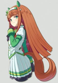 Rule 34 | 1girl, animal ears, black gloves, black pantyhose, blunt bangs, blush, closed mouth, commentary request, creape, ear covers, gloves, green eyes, green sailor collar, green sleeves, hairband, highres, hime cut, horse ears, horse girl, horse tail, long hair, long sleeves, looking at viewer, orange hair, orange tail, pantyhose, pleated skirt, sailor collar, shirt, silence suzuka (innocent silence) (umamusume), silence suzuka (umamusume), simple background, skirt, smile, solo, tail, umamusume, white hairband, white shirt, white skirt