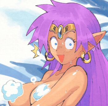 Rule 34 | 1girl, ^^^, bathing, blue eyes, blue gem, breasts, circlet, cleavage, convenient censoring, dark-skinned female, dark skin, earrings, forehead jewel, gem, gold circlet, gold earrings, hair down, hoop earrings, inkerton-kun, jewelry, large breasts, long hair, long pointy ears, looking at viewer, nude, open mouth, outdoors, paid reward available, pointy ears, purple hair, shantae, shantae (series), smile, soap bubbles, soap censor, surprised, upper body, walk-in, wet, wide-eyed