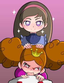 1boy 2girls afro_puffs anger_vein angry annoyed assisted_fellatio assisted_rape blue_dress brown_hair closed_mouth crown dress fellatio female_collaborator from_above gachacash gradient_background half-closed_eye hands_on_another's_head highres irrumatio kusogaki loli long_hair looking_at_viewer looking_up multiple_girls oral orange_hair penis petite pink_background pink_eyes portrait pov pov_crotch powerpuff_girls_z purple_dress red_eyes shaded_face shirogane_himeko shirogane_miko short_hair siblings simple_background sisters smile smug star-shaped_pupils star_(symbol) symbol-shaped_pupils uncensored