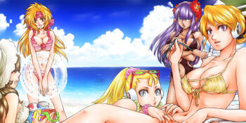 5girls alia_(mega_man) bare_arms bare_legs beach bikini black_one-piece_swimsuit blonde_hair blue_eyes bracelet breasts breasts_squeezed_together brown_eyes brown_hair can capcom cleavage closed_eyes cloud commentary_request covered_erect_nipples crossed_arms dark-skinned_female dark_skin eyewear_on_head flower frilled_bikini frills front-tie_bikini_top front-tie_top hair_bun hair_flower hair_ornament hat high_ponytail hizo_(repapp) holding innertube iris_(mega_man) jewelry large_breasts layer_(mega_man) lying marty_(mega_man) mega_man_(series) mega_man_x4 mega_man_x8 mega_man_x_(manga) mega_man_x_(series) midriff mole multiple_girls navel ocean on_back one-piece_swimsuit open_mouth own_hands_together pallette_(mega_man) pink_bikini ponytail purple_eyes purple_hair robot_ears sidelocks single_hair_bun sky smile standing sun_hat swim_ring swimsuit unworn_eyewear