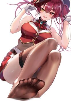 1girl ascot bare_shoulders black_hat blush breasts brown_thighhighs cleavage commentary_request convenient_leg covered_navel eyelashes fang feet foot_focus foot_out_of_frame gloves hair_between_eyes hair_ribbon hat heterochromia highres hololive houshou_marine houshou_marine_(1st_costume) knees_up large_breasts legs long_hair looking_at_viewer miniskirt miyuno open_mouth pleated_skirt red_ascot red_eyes red_hair red_ribbon red_skirt ribbon simple_background sitting skin_fang skirt soles solo spread_toes thighhighs thighs toe_seam toes twintails virtual_youtuber white_background white_gloves yellow_eyes