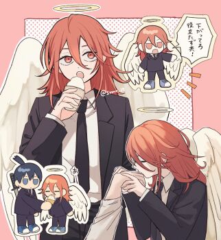 2boys androgynous angel_devil_(chainsaw_man) angel_wings black_hair black_jacket black_necktie black_pants black_suit blue_shoes chainsaw_man chibi chibi_inset closed_eyes collared_shirt earrings eating formal_clothes hair_between_eyes halo hayakawa_aki highres holding holding_ice_cream_cone ice_cream_cone jacket jewelry katana kiss kissing_hand long_hair male_focus medium_hair multiple_boys multiple_views necktie open_mouth pants ponytail red_eyes red_hair shirt shoes short_ponytail sneakers srmr_29 suit suit_jacket sword sword_on_back weapon weapon_on_back white_shirt wings yaoi