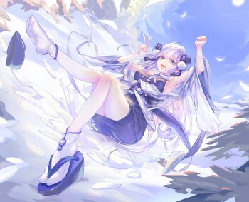 1girl absurdres armpits arms_up blue_eyes breasts colossuss777 commentary_request detached_sleeves duel_monster hair_between_eyes highres japanese_clothes kimono long_hair long_sleeves looking_at_viewer medium_breasts open_mouth sandals sleeveless sleeveless_kimono smile socks v very_long_hair white_hair white_socks yu-gi-oh! yuki-onna_the_ice_mayakashi