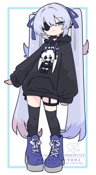 1boy ankle_boots artist_name averting_eyes black_choker black_hoodie black_thighhighs blue_boots blue_bow blue_eyes boots bow choker commentary crossdressing crossdressing_(mtf) earclip eyepatch flipped_hair full_body hair_between_eyes hair_bow hair_intakes highres hood hoodie light_blush light_frown long_hair long_sleeves male_focus narrowed_eyes no_nose no_pants one_eye_covered op_na_yarou original oversized_clothes print_hoodie rigel_(op_na_yarou) sidelocks simple_background sleeves_past_wrists solo standing thigh_strap thighhighs trap twintails very_long_hair watermark white_background white_hair