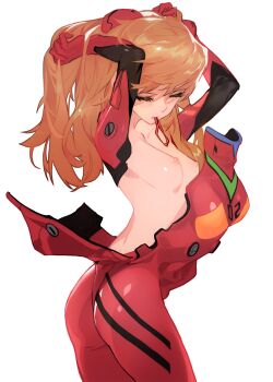 1girl adjusting_hair arched_back arms_up ass blush bodysuit breasts brown_hair closed_eyes collarbone cowboy_shot dressing from_side grandia_lee hair_ornament hair_tie_in_mouth hands_in_own_hair highres interface_headset_(evangelion) long_hair mecha_pilot_suit medium_breasts mouth_hold neon_genesis_evangelion nipples nude_filter open_bodysuit open_clothes orange_hair perky_breasts red_bodysuit shiny_clothes simple_background skin_tight small_breasts solo souryuu_asuka_langley third-party_edit twisted_torso tying_hair undressing white_background