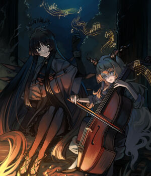 1boy 1girl :d androgynous arknights black_hair black_halo cello halo horns instrument kreide_(arknights) looking_at_another looking_down music musical_note open_mouth pantyhose playing_instrument smile virtuosa_(arknights) white_hair ysm1100