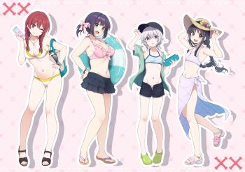 4girls :d ;) arm_behind_head arm_up armpits arms_up bag bare_arms bare_shoulders baseball_cap bikini bikini_under_clothes black_hair black_hat black_sandals black_shorts black_skirt blue_eyes blush border bow braid breasts brown_eyes brown_hat brown_sandals cleavage closed_mouth collarbone commentary_request crocs drawstring eyewear_hang flip-flops flower frilled_bikini frills green_eyes green_jacket green_shoes grey_hair groin hair_between_eyes hair_bow hair_ornament hand_on_headwear hand_on_own_hip hand_up hands_on_headwear hat hat_flower head_tilt holding holding_swim_ring hood hood_down hooded_jacket innertube jacket layered_skirt long_hair looking_at_viewer low_ponytail low_twintails medium_breasts multiple_girls nagami_yuu nail_polish navel one_eye_closed open_clothes open_fly open_jacket open_mouth open_shorts original outline parted_lips pink_background pink_bikini pink_bow pink_nails pleated_skirt ponytail purple_bikini purple_flower purple_rose red_eyes red_flower red_hair red_rose rose sandals sarong shoes short_shorts short_sleeves short_twintails shorts sidelocks skirt small_breasts smile standing standing_on_one_leg star_(symbol) star_hair_ornament striped_bikini striped_clothes sun_hat sunglasses swim_ring swimsuit toenail_polish toenails twin_braids twintails unworn_eyewear very_long_hair white_bikini white_border white_flower white_outline white_sandals yellow_flower
