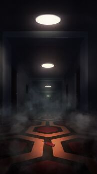 carpet ceiling_light dark door dropped_object fog hallway highres hotel indoors key no_humans scenery shadow the_shining yu02257951