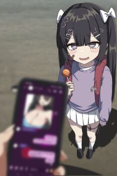 1boy 1girl backpack bag bag_charm bandaid bandaid_on_face black_hair blurry blurry_foreground blush bow breasts candy catfishing cellphone cellphone_photo center-flap_bangs charm_(object) commentary depth_of_field discreet_vibrator english_commentary fang food from_above hair_bow hair_ornament hairclip heart heart_hair_ornament highres holding holding_candy holding_food holding_lollipop holding_phone kyotomeru large_breasts loafers lollipop long_hair long_sleeves masturbation miniskirt open_mouth original outdoors phone pleated_skirt pov pov_hands purple_eyes purple_sweater randoseru red_bag sex_toy shoes skirt sleeves_past_wrists socks solo_focus star_(symbol) star_hair_ornament stealth_masturbation sweater symbol-shaped_pupils twintails twitter_username ume-chan_(kyotomeru) vibrator vibrator_in_thigh_strap vibrator_under_clothes wavy_mouth white_skirt white_socks