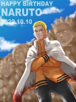 1boy bandaged_hand bandages black_pants blonde_hair blue_eyes blue_sky blurry blurry_background boruto:_naruto_next_generations cape cliff cloud collared_cape commentary_request cowboy_shot crossed_arms dated facial_mark happy_birthday highres hokage_rock matsu_(fu6ide2) namikaze_minato naruto_(series) pants sculpture sky smile tsunade_(naruto) twitter_username uzumaki_naruto whisker_markings white_cape