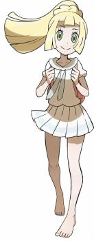 1girl ai-assisted backpack bag bare_legs barefoot blonde_hair feet green_eyes lillie_(pokemon) long_hair nintendo official_art pokemon pokemon_sm ponytail self-upload simple_background skirt smile solo third-party_edit toes white_background