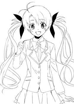 1girl :d ahoge blazer blush bow bowtie chaos;head commentary_request greyscale hair_ribbon ikuhashi_muiko jacket long_hair long_sleeves looking_at_viewer monochrome open_mouth orihara_kozue pleated_skirt ribbon school_uniform science_adventure simple_background sketch skirt smile solo standing twintails very_long_hair white_background