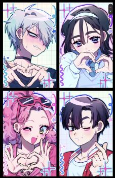 Rule 34 | 2boys, 2girls, ;d, alien stage, animal print, black choker, black eyes, black hair, black shirt, blue necktie, blue vest, breasts, choker, cleavage, closed eyes, collared shirt, commentary, crepelily, cross, cross earrings, cross necklace, ear piercing, earrings, english commentary, eyewear on head, fang, fang out, finger heart, floating earrings, four-finger heart hands, green eyes, grey hair, hairband, heart, heart-shaped pupils, heart hands, high ponytail, highres, hood, hoodie, hoop earrings, ivan (alien stage), jacket, jewelry, leopard print, letterman jacket, long hair, looking up, male focus, mizi (alien stage), multiple boys, multiple girls, necklace, necktie, official alternate costume, one eye closed, open mouth, piercing, pink hair, pink hoodie, ponytail, red jacket, red pupils, shirt, short hair, smile, star (symbol), sua (alien stage), sunglasses, symbol-shaped pupils, till (alien stage), very short hair, vest, white hairband, white shirt