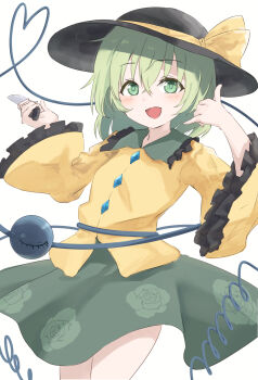 1girl black_hat blush buttons collared_shirt commentary diamond_button eyeball floral_print frilled_sleeves frills green_eyes green_hair green_skirt hat hat_ribbon heart heart_of_string highres holding holding_knife knife koishi_day komeiji_koishi long_sleeves looking_at_viewer nise6 open_mouth print_skirt ribbon rose_print shirt simple_background skirt smile solo third_eye touhou white_background wide_sleeves yellow_ribbon yellow_shirt