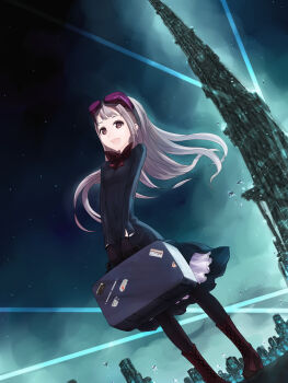 1girl aqua_theme black_pantyhose boots bow cityscape dress female_focus gloves goggles goggles_on_head grey_hair high_heels highres kazuoki long_hair long_sleeves megastructure open_mouth original outdoors pantyhose petticoat purple_eyes shoes sky solo space_elevator spotlight suitcase bad_tag