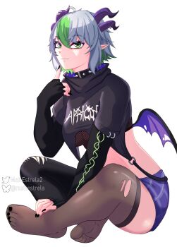1girl absurdres ahoge apricot_the_lich apricot_the_lich_(goth) black_nails black_sleeves black_thighhighs breasts collar cropped_hoodie demon_girl demon_horns demon_wings feet fishnet_top fishnets green_eyes green_hair grey_hair highres hood hoodie horn_piercing horns indie_virtual_youtuber looking_at_viewer matt_estrela medium_breasts multicolored_hair multiple_horns pointy_ears purple_horns purple_shorts short_hair shorts sitting solo spiked_collar spikes streaked_hair thighhighs thighs torn_clothes torn_thighhighs virtual_youtuber white_background wings