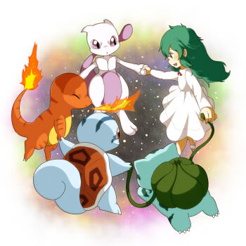 1girl :o ambertwo_(pokemon) blush breath_weapon breathing_fire brown_eyes bud bulbasaur bulbasaurtwo charmander charmandertwo closed_eyes closed_mouth commentary_request dress fire flame-tipped_tail gen_1_pokemon go-mikihappy green_eyes green_hair highres holding_hands legendary_pokemon mewtwo nintendo open_mouth plant pokemon pokemon:_the_first_movie_-_mewtwo_strikes_back pokemon_(anime) pokemon_(classic_anime) pokemon_(creature) purple_eyes smile squirtle squirtletwo starter_pokemon_trio tail vines white_dress