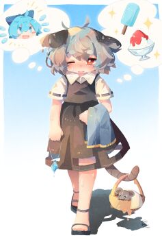2girls :d ahoge animal_ears basket black_dress black_sandals blue_bow blue_eyes blue_hair blush blush_stickers bow bright_pupils chibi chibi_inset cirno collared_shirt commentary_request dress food full_body grey_hair hair_bow highres holding holding_jewelry holding_necklace hot jewelry mame_komari mouse_(animal) mouse_ears mouse_girl mouse_tail multiple_girls nazrin necklace no_lineart one_eye_closed open_mouth pinafore_dress popsicle prehensile_tail red_eyes ribbon-trimmed_sleeves ribbon_trim sandals shaved_ice shirt short_hair short_sleeves sleeveless sleeveless_dress smile sparkle standing sweat tail touhou white_pupils white_shirt