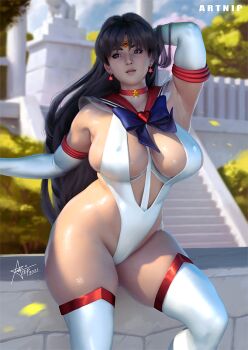 1girl adapted_costume alternate_breast_size_(larger) artist_name artnip bikini bishoujo_senshi_sailor_moon black_hair blue_eyes blurry blurry_background breasts covered_erect_nipples dappled_sunlight earrings elbow_gloves gloves hand_in_own_hair highleg highleg_leotard hino_rei jewelry large_breasts leotard long_hair looking_at_viewer outdoors sailor_bikini sailor_collar sailor_mars sailor_senshi sailor_senshi_uniform skindentation solo standing star_(symbol) star_earrings sunlight swimsuit thighhighs thighs white_gloves white_thighhighs