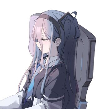 Rule 34 | 1girl, aris (blue archive), black hairband, black jacket, black skirt, blue archive, blue jacket, blue necktie, closed eyes, collared shirt, commentary, from side, grey hair, hair between eyes, hairband, highres, jacket, long bangs, long hair, long hair between eyes, long sleeves, multicolored jacket, necktie, no halo, one side up, open clothes, open jacket, parted lips, polyvora, profile, shirt, shirt tucked in, sideways mouth, simple background, sitting, skirt, solo, tears, tie clip, white background, white jacket, white shirt