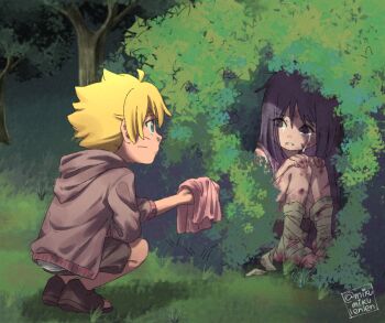 1boy 1girl aged_down alternate_universe ariamikukanzaki bandaged_leg bandages blonde_hair blue_eyes boruto:_naruto_next_generations brown_hoodie brown_shoes brown_shorts bruise bruise_on_face bush child commentary crying cuts hiding holding holding_towel hood hoodie injury kakei_sumire naruto_(series) open-toe_shoes purple_eyes purple_hair shoes shorts signature squatting streaming_tears tears towel uzumaki_boruto