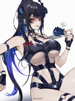 Rule 34 | 1girl, absurdres, artist name, asymmetrical horns, black gloves, black hair, black one-piece swimsuit, blue hair, braid, breasts, casual one-piece swimsuit, cleavage, colored inner hair, commentary, english commentary, fingerless gloves, flower, gloves, hair between eyes, highres, holding, hololive, hololive english, horn flower, horns, jailbird (nerissa ravencroft), keisea, large breasts, long hair, looking at viewer, mole, mole under eye, multicolored hair, nerissa ravencroft, nerissa ravencroft (holonatsu paradise), official alternate costume, official alternate hairstyle, one-piece swimsuit, open mouth, paid reward available, ponytail, red eyes, shaded face, side braid, sidelocks, simple background, single braid, sitting, slit pupils, solo, swimsuit, uneven horns, very long hair, virtual youtuber, white background