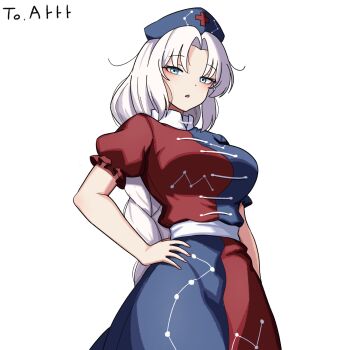 1girl blue_dress blue_eyes braid breasts commentary dress ehehe52921343 english_commentary expressionless hand_on_own_hip hat highres korean_commentary large_breasts long_hair looking_at_viewer mixed-language_commentary nurse_cap parted_lips red_dress short_sleeves solo touhou two-tone_dress white_background white_hair yagokoro_eirin