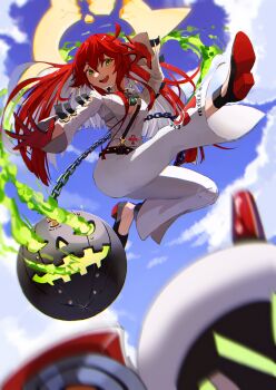 1girl :d absurdres ball_and_chain_restraint black_shoes blue_sky blurry breasts broken_halo chain cloud colored_inner_hair commentary day dorpos eyelashes fire gloves green_eyes green_fire guilty_gear guilty_gear_strive halo high_heels highres jack-o&#039;_valentine jumpsuit long_hair long_sleeves midair multicolored_hair no_socks open_mouth panbalkon red_gloves red_hair shoes sky smile teeth two-tone_hair upper_teeth_only white_hair white_jumpsuit