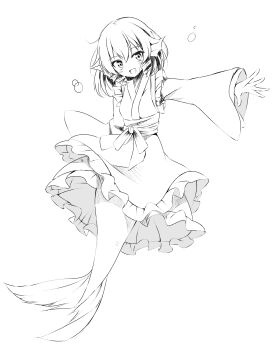 1girl absurdres blush commentary_request drill_hair drill_sidelocks fins frilled_kimono frills head_fins highres japanese_clothes kimono kneeless_mermaid looking_at_viewer monster_girl open_mouth outstretched_arm sash sidelocks simple_background smile solo touhou tsuukinkaisoku_oomiya wakasagihime white_background