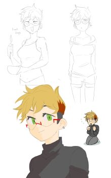 1girl :3 :o bare_shoulders blonde_hair bowl breasts brown_hair closed_mouth collarbone commentary ear_piercing english_commentary eyelashes flying_sweatdrops glasses green_eyes grey_pants grey_sweater highres holding holding_bowl holding_spoon kneeling mir_(miryumiya) mismatched_eyebrows multicolored_hair multiple_views open_mouth original pants partially_colored piercing rebecca_joy_(miryumiya) red-framed_eyewear semi-rimless_eyewear shirt short_hair simple_background sketch smile spoon sweater tank_top two-tone_hair undercut very_short_hair white_background