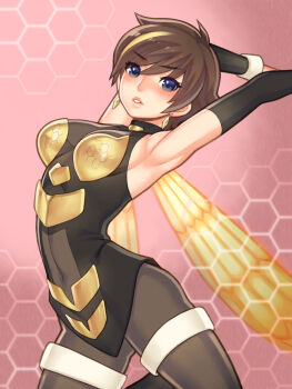 1girl armpits arms_up avengers_(series) bad_id bad_pixiv_id bee_costume blue_eyes blush bodysuit breasts brown_hair covered_navel disk_wars:_avengers earrings female_focus folks_(nabokof) highres honeycomb_(pattern) honeycomb_background honeycomb_pattern insect_wings jewelry marvel multicolored_hair pantyhose parted_lips short_hair sideboob solo wasp_(marvel) wings