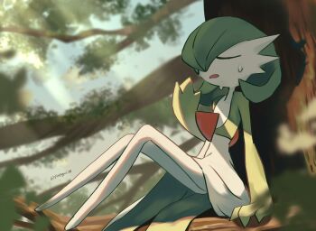 artist_name bob_cut closed_eyes colored_skin dress gardevoir gen_3_pokemon green_hair green_skin highres in_tree multicolored_skin nintendo pokemon pokemon_(creature) rongai28 sitting sitting_in_tree sweat tree two-tone_skin white_dress white_skin