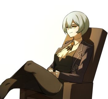 1girl angela_(project_moon) ascot black_pantyhose blue_coat blue_hair chair closed_mouth coat crossed_legs helseujang highres library_of_ruina on_chair pantyhose partially_shaded_face project_moon short_hair simple_background sitting solo white_ascot white_background yellow_eyes