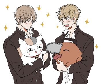 2boys ^_^ bell black_jacket blonde_hair brown_hair calico_(pattern) calico_cat cat chainsaw_man closed_eyes collar collared_shirt crossover denji_(chainsaw_man) gakuran holding jacket layered_sleeves long_sleeves male_focus multiple_boys natsume_takashi natsume_yuujinchou neck_bell nyanko-sensei open_collar open_mouth parted_bangs pochita_(chainsaw_man) red_collar school_uniform sharp_teeth shirt smile sparkle teeth tongue tongue_out upper_body white_background white_shirt yui_(yuina14)