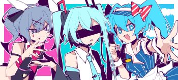 +_+ 3girls aqua_hair armband bare_shoulders black_leotard blue_dress blue_eyes blue_hair censored censored_identity closed_mouth cloud collared_shirt detached_sleeves dress hair_ornament hairband hatsune_miku headset highres jiu_(jiu076) leotard long_hair mesmerizer_(vocaloid) multiple_girls multiple_persona necktie open_mouth pink_nails rabbit_hole_(vocaloid) reaching reaching_towards_viewer shirt sleeveless sleeveless_shirt smile tokumei_m_(vocaloid) twintails upper_body visor_cap vocaloid wrist_cuffs x_hair_ornament