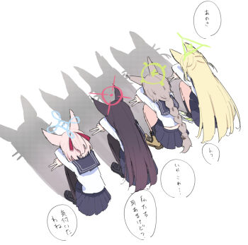 Rule 34 | 4girls, animal ears, black hair, black pantyhose, black sailor collar, black shoes, black skirt, blonde hair, blue archive, blue halo, braid, braided ponytail, brown hair, cat shadow puppet (meme), dutch angle, fox ears, fox girl, fox platoon (blue archive), from above, full body, green halo, hair ribbon, half updo, halo, highres, kurumi (blue archive), loafers, long hair, long sleeves, low ponytail, medium hair, meme, miniskirt, multiple girls, niko (blue archive), otogi (blue archive), pantyhose, pink hair, pleated skirt, ponytail, red halo, red ribbon, ribbon, sailor collar, sateto (user knrf2332), school uniform, serafuku, shadow, shirt, shoes, simple background, sketch, skirt, speech bubble, squatting, straight hair, translated, two side up, very long hair, white background, white shirt, yukino (blue archive)