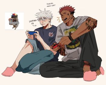 2boys ^^^ alternate_costume alternate_skin_color alternate_tattoo angry arm_tattoo arrow_(symbol) black_nails black_pants blue_eyes blue_shirt candy cat cat_face_sticker character_print clothes_writing colored_eyelashes commentary controller crew_cut ear_piercing elbow_on_knee english_commentary english_text eyebrow_cut facial_tattoo food full_body furrowed_brow gojou_satoru grey_shirt highres irezumi joystick jujutsu_kaisen knee_up leg_tattoo lollipop lollipop_in_mouth looking_ahead male_focus meme_inset multiple_boys neck_tattoo nintendo_switch open_mouth oversized_clothes oversized_shirt pants piercing pink_hair pink_slippers playing_games plug_(piercing) red_eyes ryoumen_sukuna_(jujutsu_kaisen) screentones shirt short_hair sitting sketch slippers spider-man sticker_on_clothes stuffed_toy t-shirt tan tattoo to_0fu white_background white_eyelashes white_hair