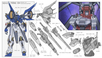 absurdres arrow_(symbol) beam_rifle cockpit commentary concept_art core core_fighter energy_gun energy_sword english_commentary english_text from_behind funnels_(gundam) heat_sink highres mecha mecha_focus monitor multiple_monitors no_humans open_hands original outside_border partially_colored pilot_chair pointing_out_the_details robot shield simple_background space sub-arms sword thrusters v-fin weapon zen_(jirakun)