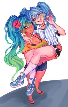 2girls aqua_hair argentina argentinian_flag argentinian_flag_print argentinian_miku bead_choker beads blush brazil brazilian_flag brazilian_flag_print brazilian_miku breasts dark-skinned_female dark_skin dual_persona earrings flag_print flip-flops hair_ornament hatsune_miku highres jewelry large_breasts long_hair multiple_girls sandals selfcest shirt smile susssuik tan twintails vocaloid worldwide_miku yellow_shirt yuri