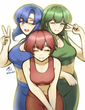 3girls ^_^ alternate_costume artist_name blue_pants blue_sports_bra breasts catria_(fire_emblem) cleavage closed_eyes commentary commission english_commentary est_(fire_emblem) fire_emblem fire_emblem_echoes:_shadows_of_valentia green_eyes green_hair green_pants green_sports_bra headband highres large_breasts leaning_forward long_hair medium_breasts multiple_girls navel nintendo one_eye_closed open_mouth palla_(fire_emblem) pants red_pants red_sports_bra rotomdocs siblings signature simple_background sisters smile sports_bra standing twitter_username v white_background white_headband yoga_pants