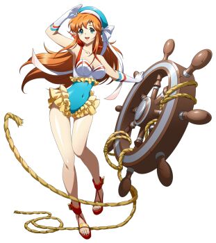 1girl :d armpits bare_shoulders blue_eyes blue_hat blue_one-piece_swimsuit breasts casual_one-piece_swimsuit chris_(langrisser) cleavage collarbone covered_navel elbow_gloves floating floating_hair floating_object frilled_one-piece_swimsuit frills full_body game_cg gloves hand_up hat hat_ribbon highres holding langrisser langrisser_i langrisser_mobile leg_up legs long_hair long_sidelocks looking_at_viewer medium_breasts multicolored_one-piece_swimsuit official_alternate_costume official_art one-piece_swimsuit open_mouth orange_hair platform_sandals red_sandals red_shoes ribbon rope sailor_hat sandals second-party_source shiny_skin ship&#039;s_wheel shoes sidelocks simple_background sleeveless smile solo standing standing_on_one_leg swimsuit tachi-e toes transparent_background very_long_hair white_gloves white_one-piece_swimsuit white_ribbon