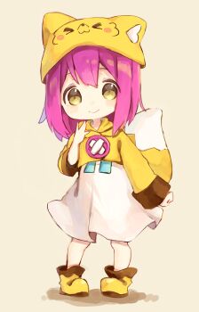 Rule 34 | >3<, 1girl, :>, :3, absurdres, animal costume, blush, boots, borrowed character, chibi, female focus, fox costume, fox hat, fox tail, highres, looking at viewer, original, pink hair, sencha (senta 10), short hair, skirt, smile, solo, tail, white skirt, yellow eyes, yuzuwa-chan