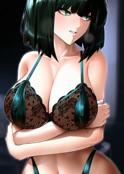 Rule 34 | 1girl, bare shoulders, black bra, black hair, blush, bra, breasts, cleavage, commentary request, covered erect nipples, crossed arms, fubuki (one-punch man), green eyes, large breasts, looking to the side, navel, one-punch man, parted lips, short hair, solo, tamamoice, underwear