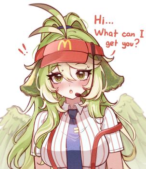 ! !! 1girl aeryarts aeryarts_(vtuber) antenna_hair artist_self-insert blue_necktie blush breasts collared_shirt commentary employee_uniform english_commentary english_text fast_food_uniform green_eyes green_hair green_wings hair_between_eyes hair_intakes hair_over_shoulder hat highres indie_virtual_youtuber large_breasts long_hair looking_at_viewer mcdonald&#039;s microphone necktie open_mouth pinstripe_pattern pinstripe_shirt ponytail red_hat shirt simple_background solo suspenders suspenders_slip sweat teeth tie_clip upper_body upper_teeth_only virtual_youtuber visor_cap wavy_hair white_background wing_collar wings